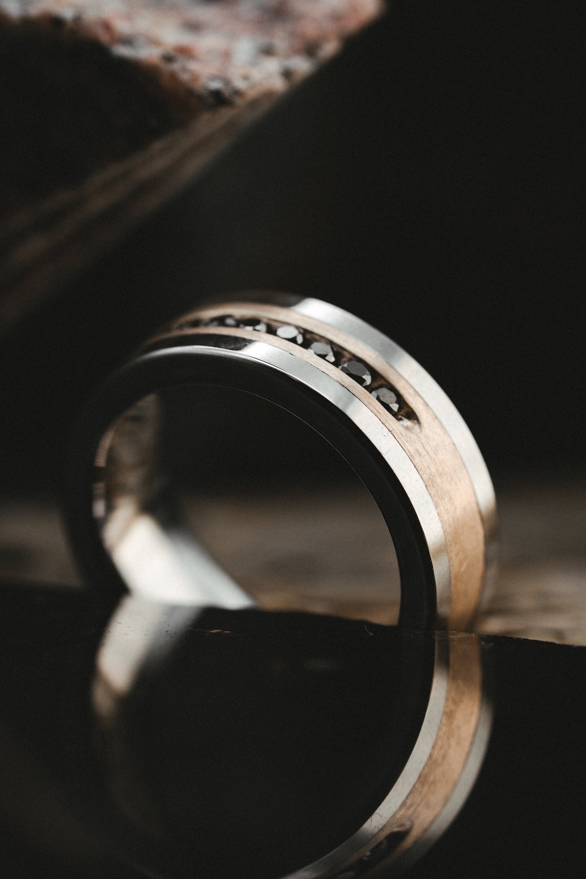 Flat Tungsten Wedding Band with Brushed Silver Inlay Center and 9 Channel Set Black Diamonds