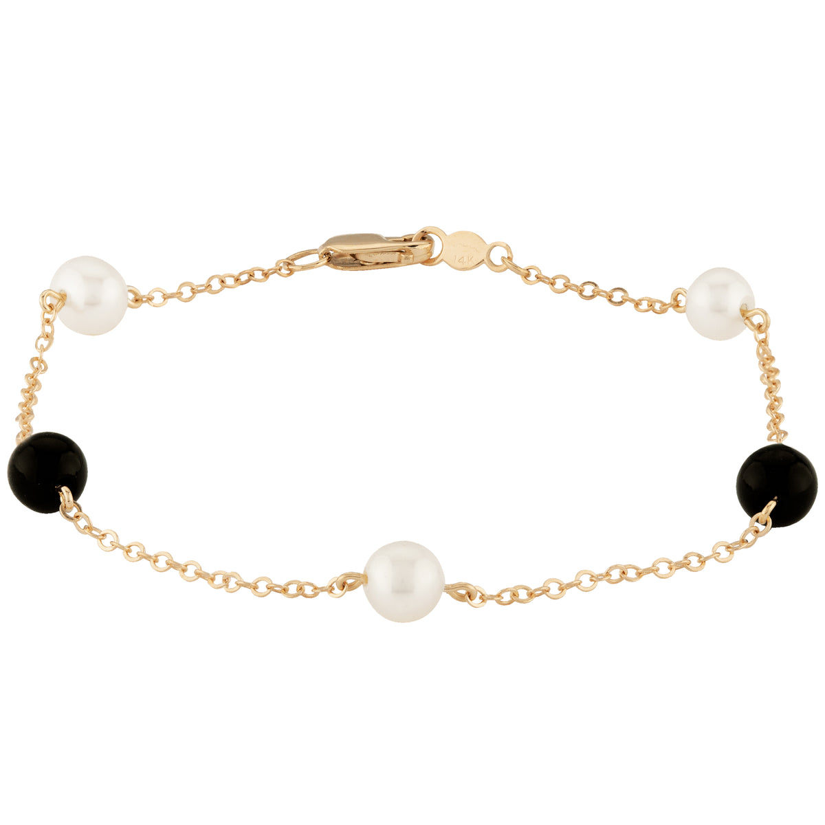 14k Yellow Gold Freshwater Pearl and Onyx Bracelet