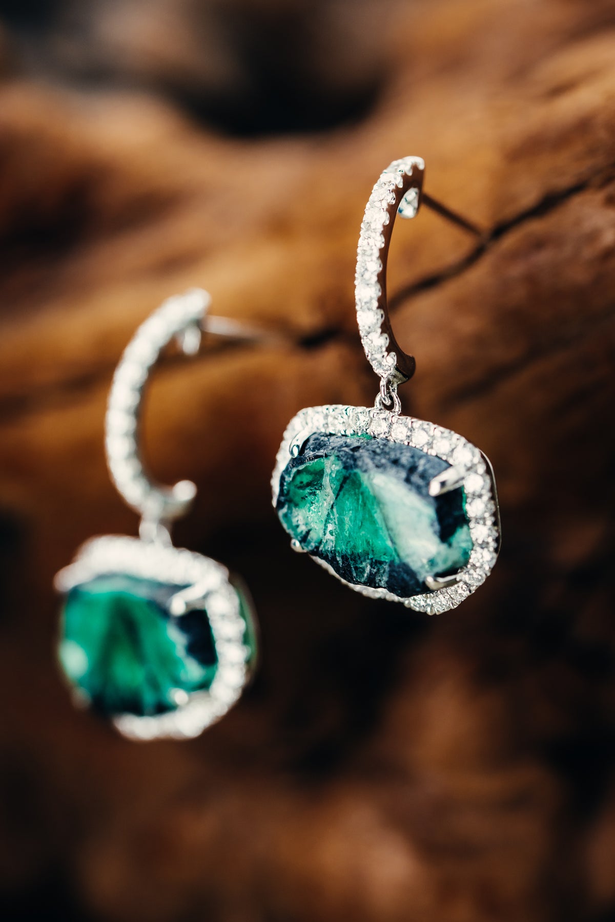 18k White Gold Trapiche Emerald and Diamond Earrings
