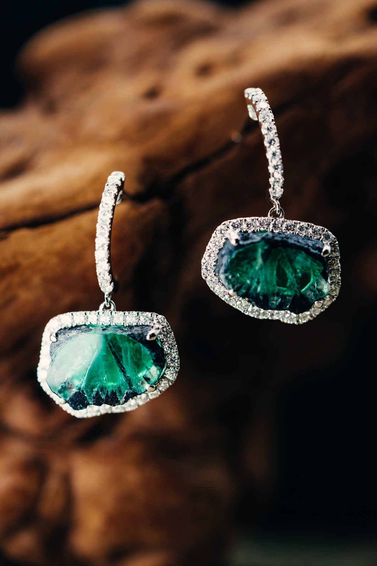 18k White Gold Trapiche Emerald and Diamond Earrings