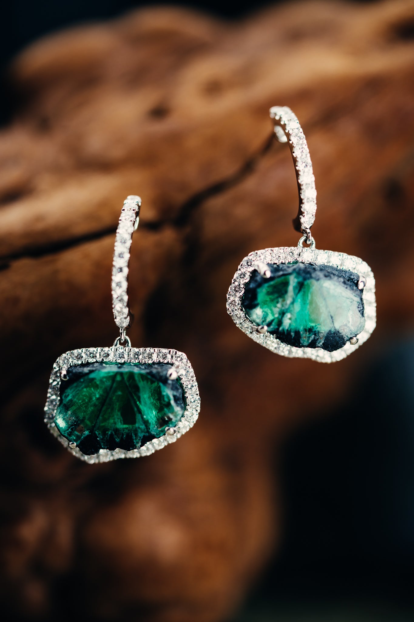 18k White Gold Trapiche Emerald and Diamond Earrings