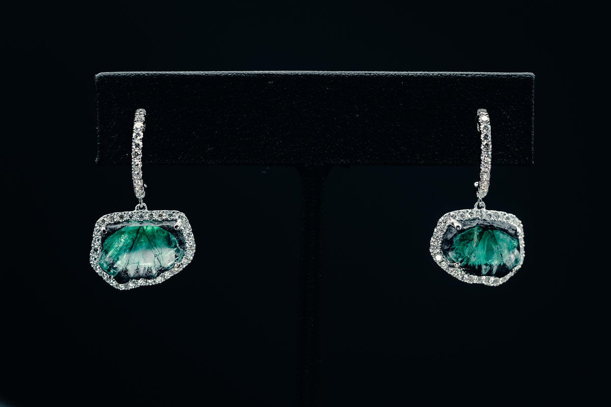 18k White Gold Trapiche Emerald and Diamond Earrings