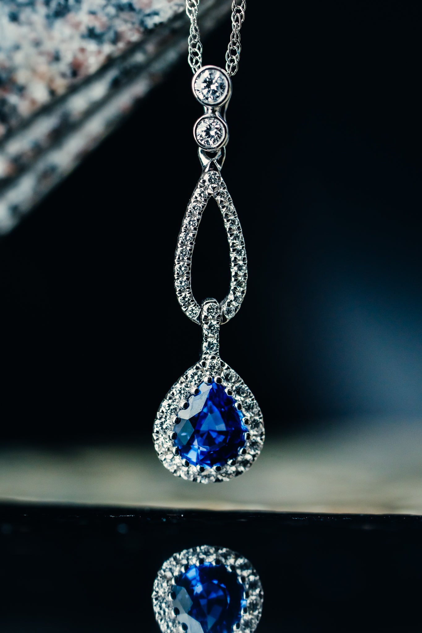 18k White Gold Sapphire and Diamond Drop Pendant