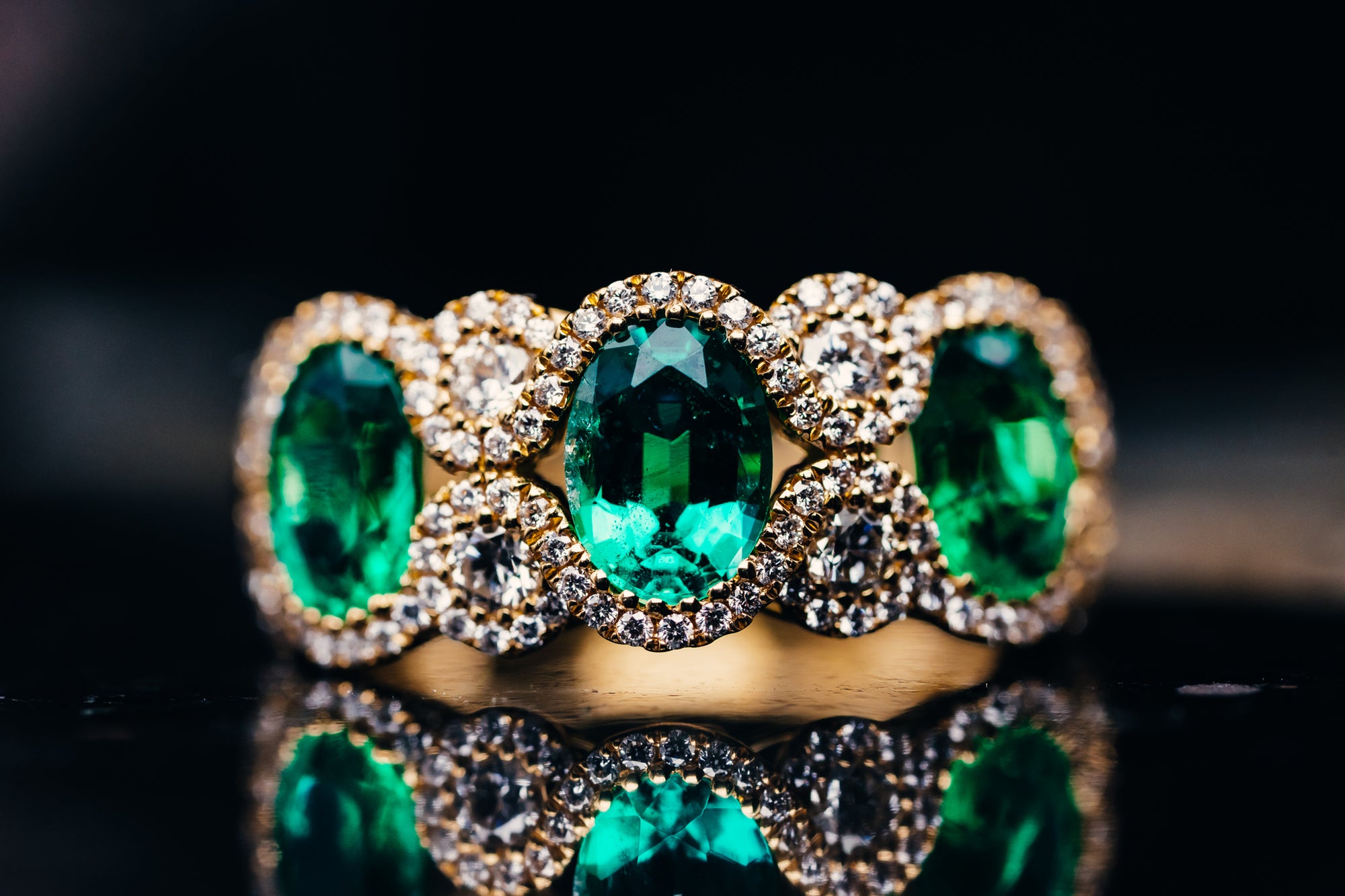 18k Yellow Gold 3 Oval Emerald and Diamond Ring