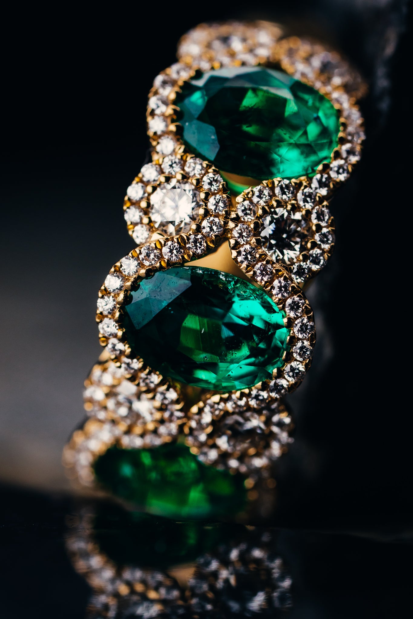 18k Yellow Gold 3 Oval Emerald and Diamond Ring