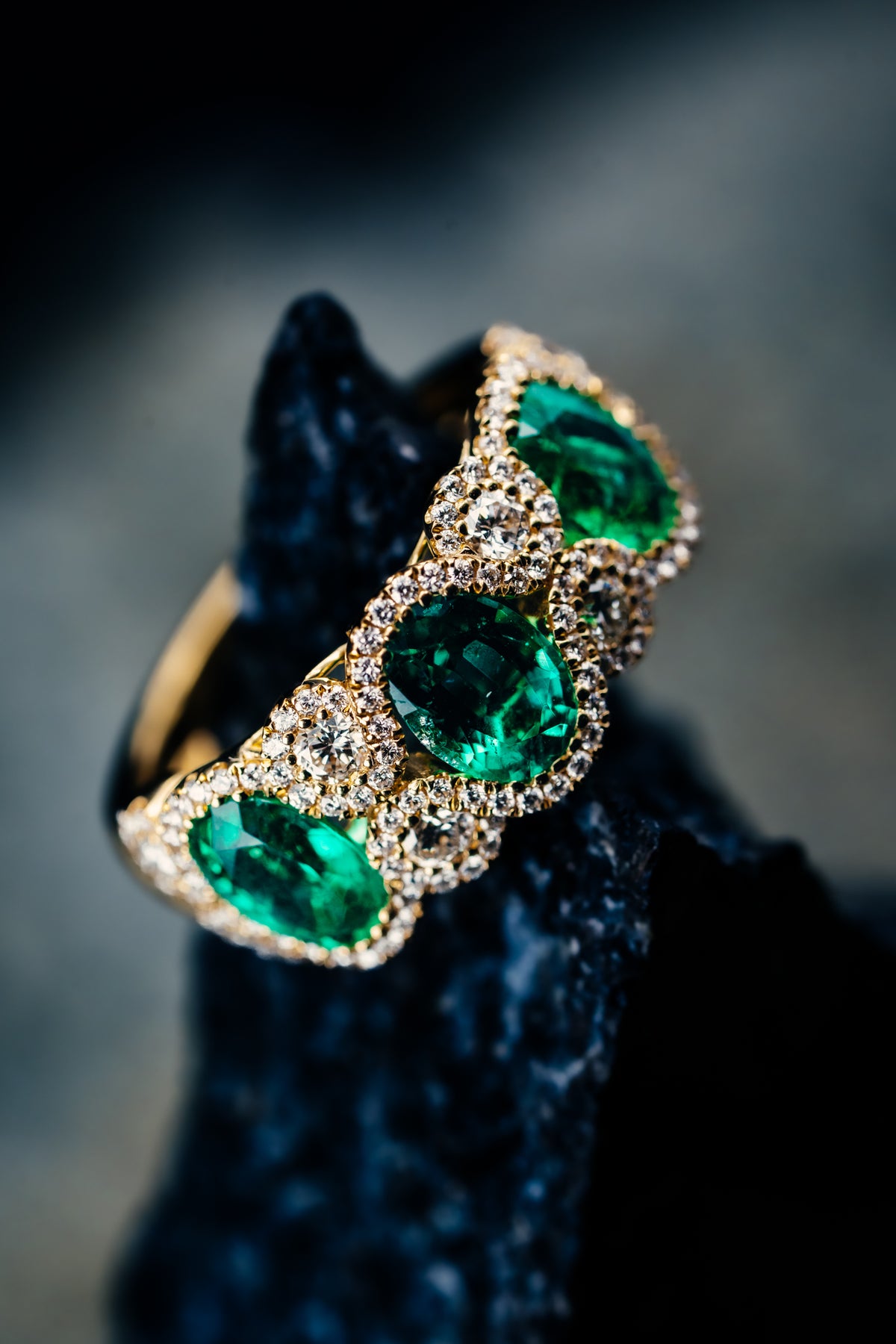 18k Yellow Gold 3 Oval Emerald and Diamond Ring