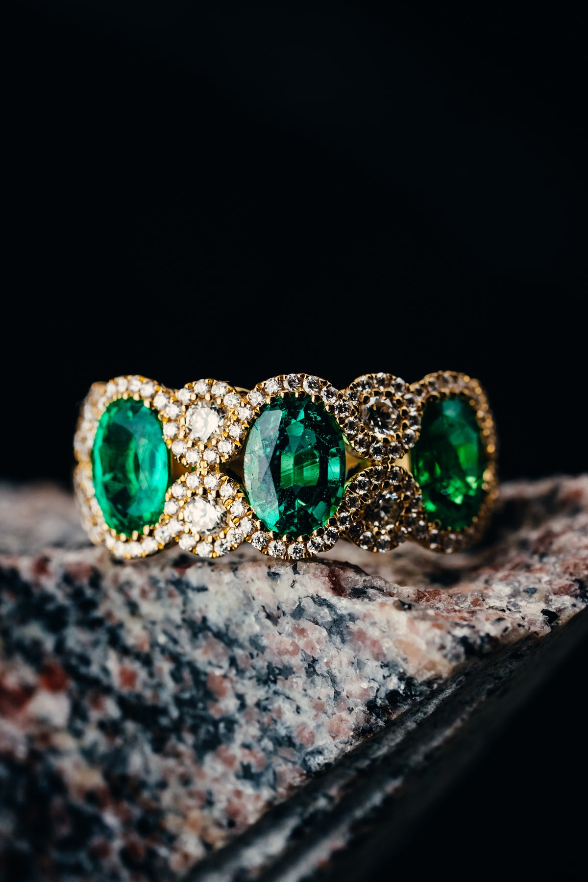 18k Yellow Gold 3 Oval Emerald and Diamond Ring