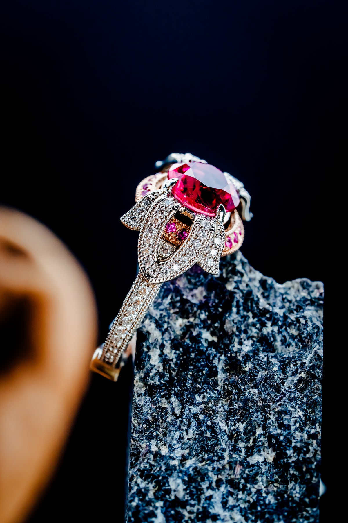 14k White and Rose Gold Pink Tourmaline and Diamond Ring