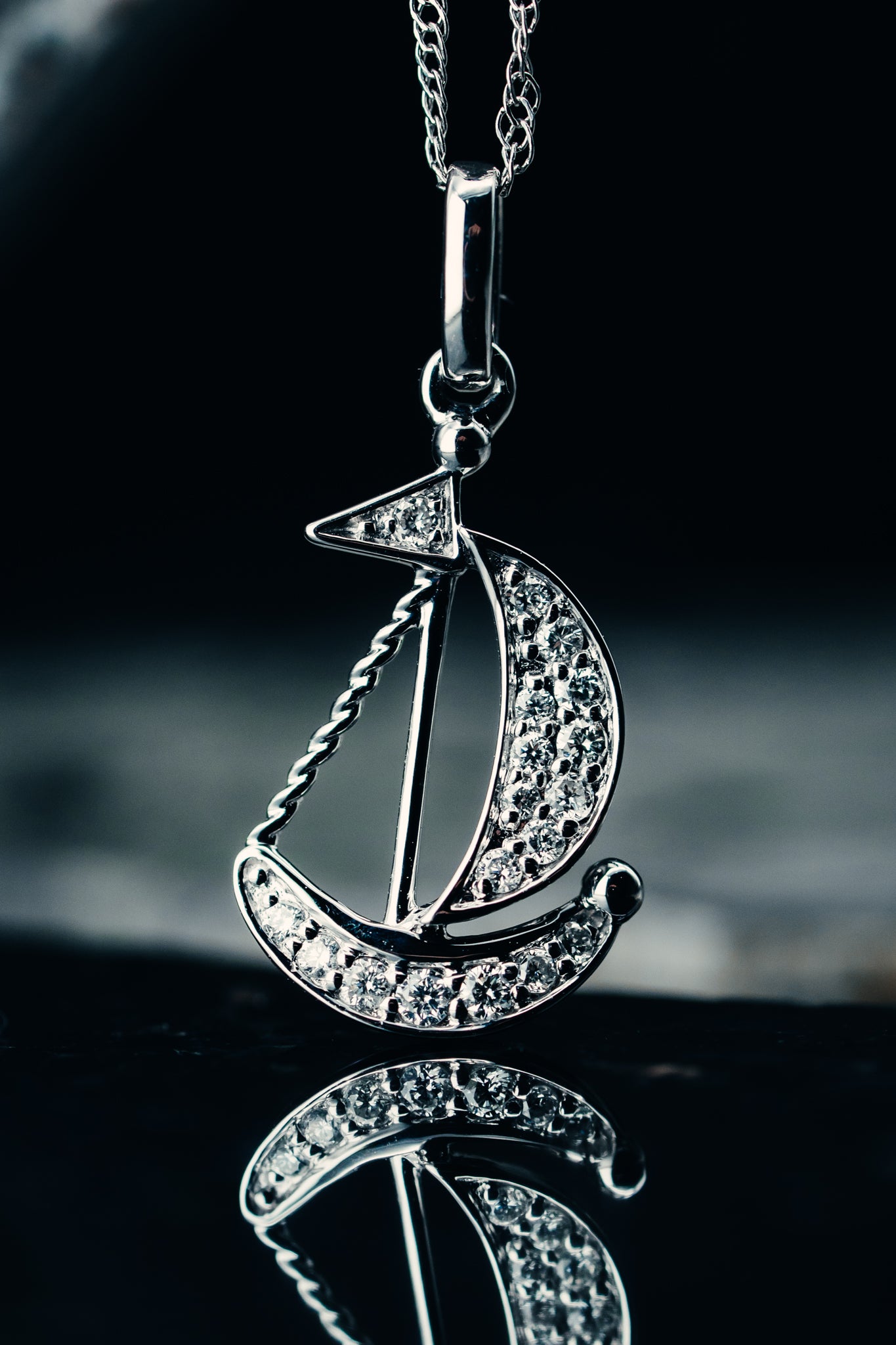 14k White Gold Diamond Sailboat Necklace