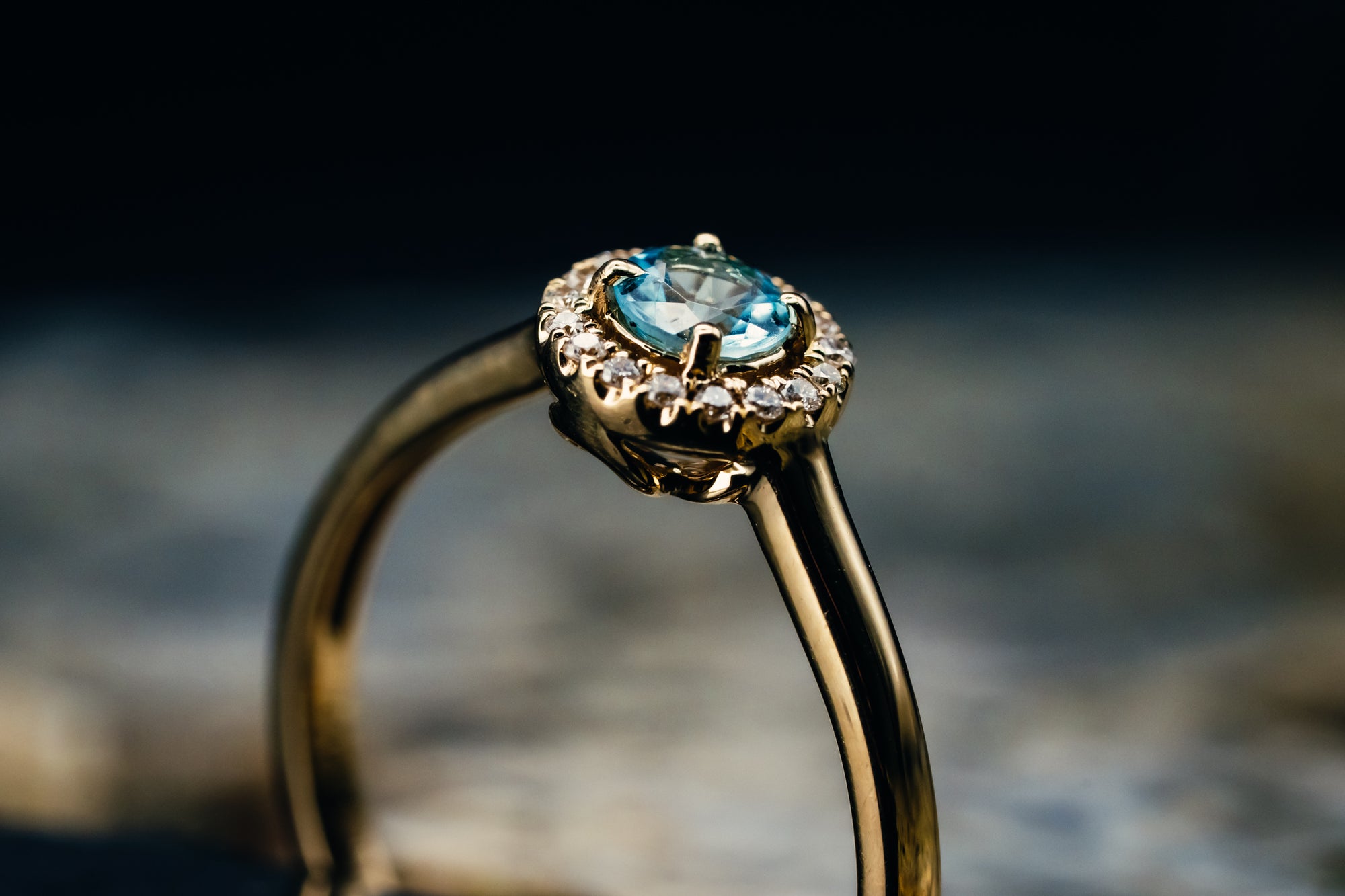 14k Yellow Gold Aquamarine and Diamond Halo Ring