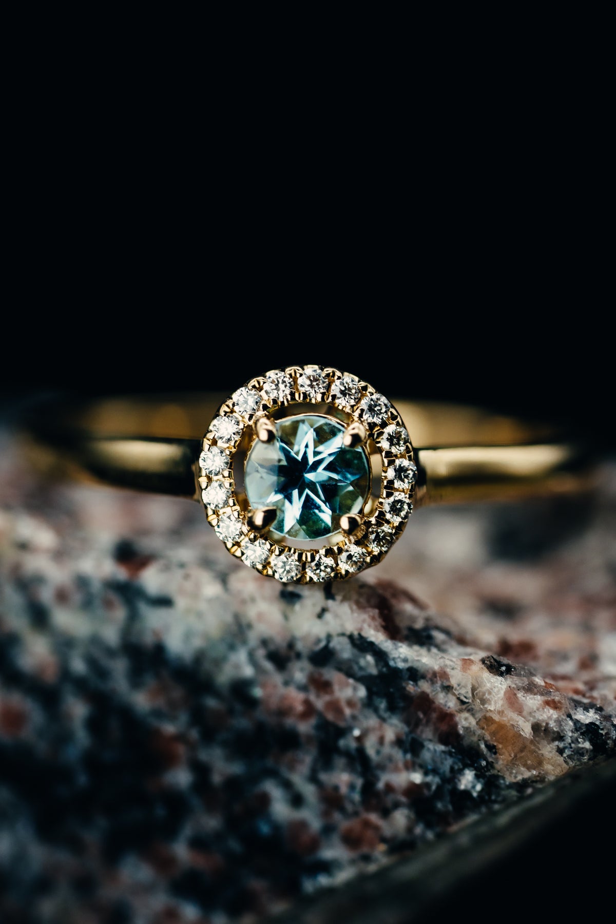 14k Yellow Gold Aquamarine and Diamond Halo Ring