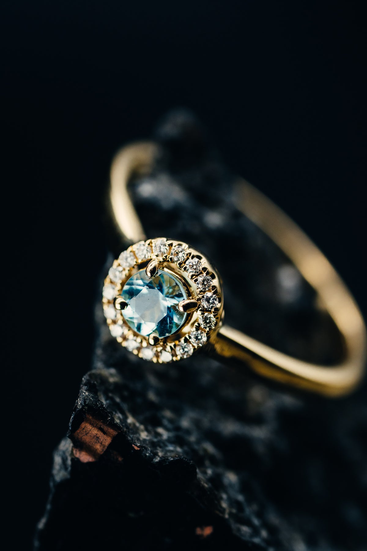 14k Yellow Gold Aquamarine and Diamond Halo Ring