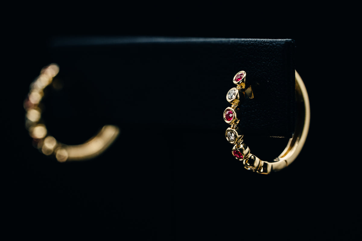 14k Yellow Gold Ruby and Diamond Hoop Earrings