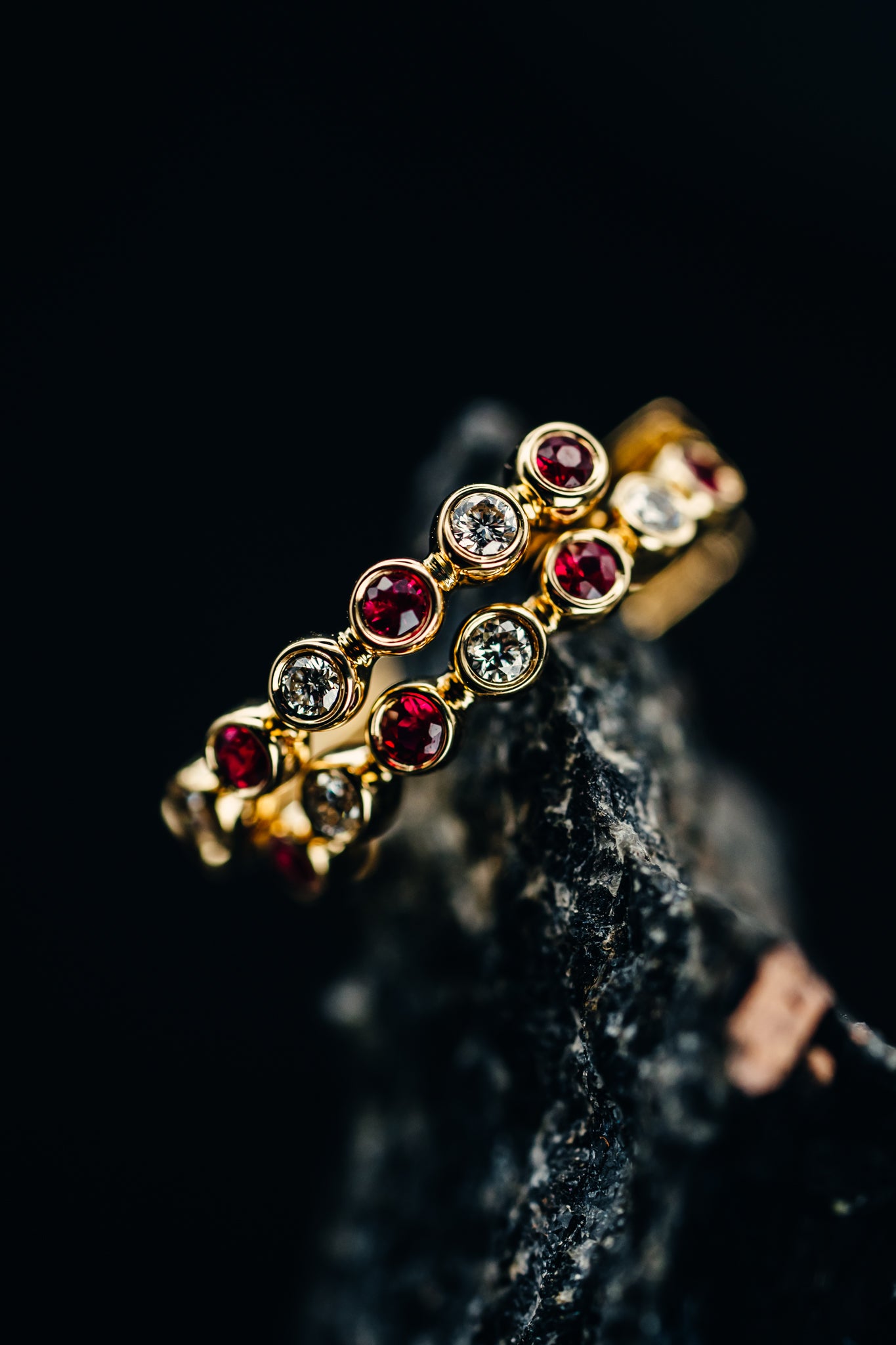 14k Yellow Gold Ruby and Diamond Hoop Earrings