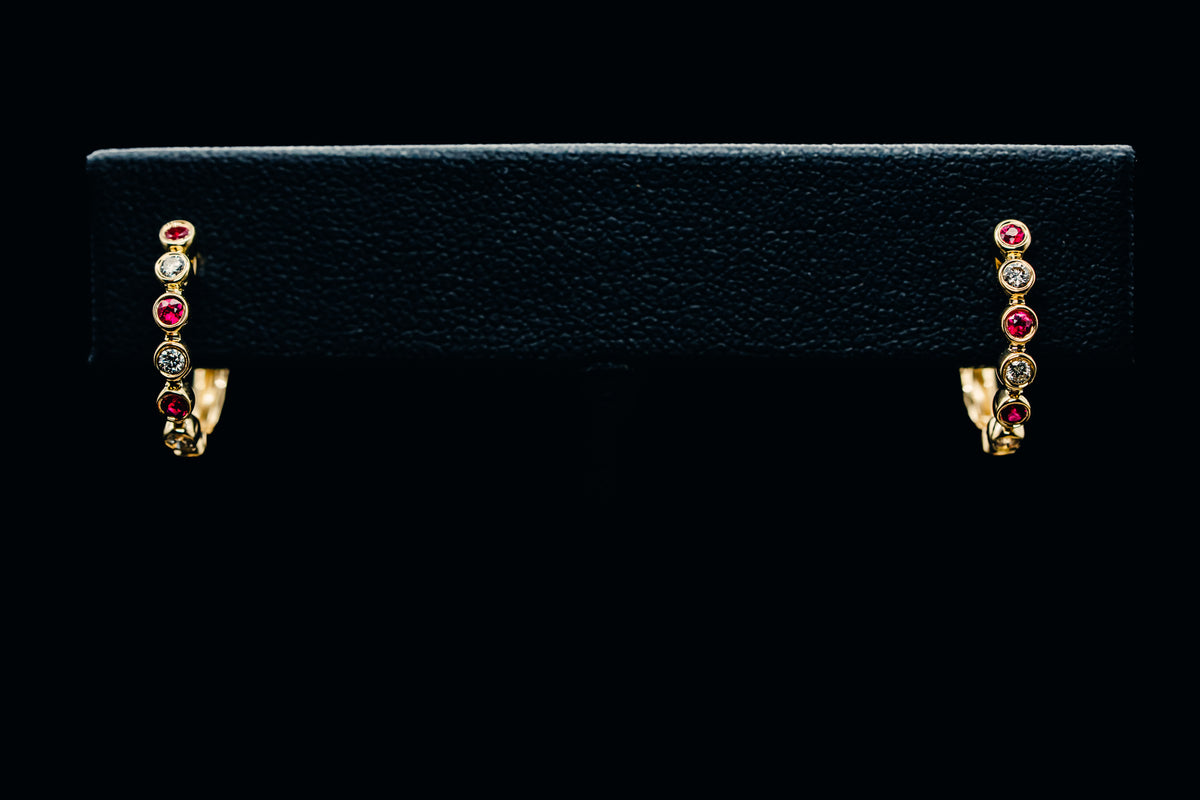 14k Yellow Gold Ruby and Diamond Hoop Earrings