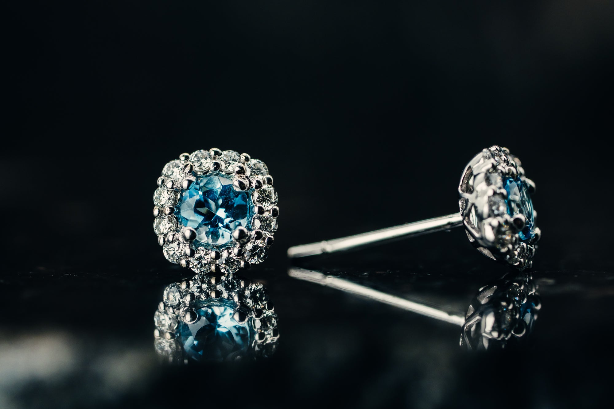 14k White Gold Aquamarine and Diamond Halo Earrings