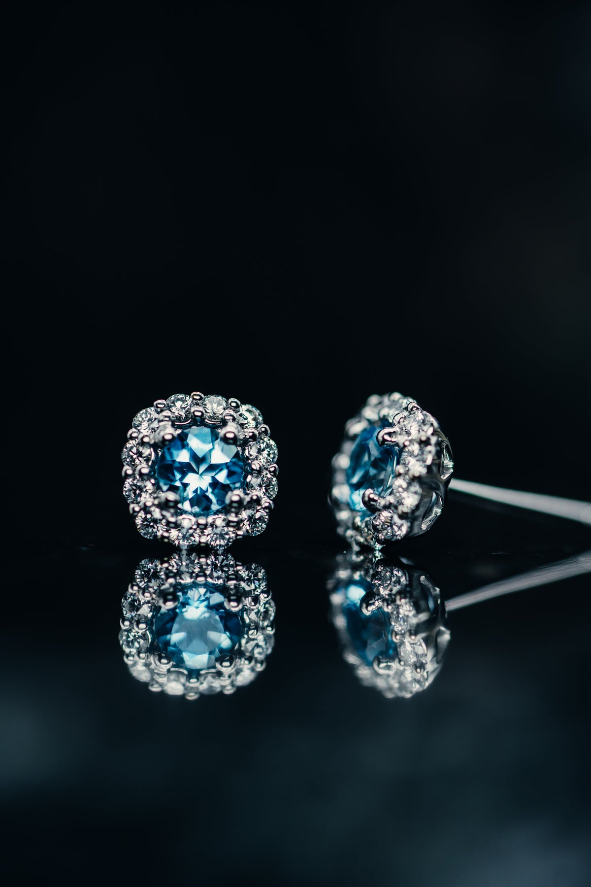 14k White Gold Aquamarine and Diamond Halo Earrings