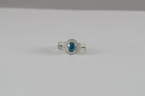 14k White Gold Oval Blue Zircon and Diamond Ring
