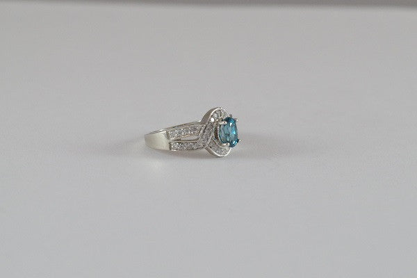 14k White Gold Oval Blue Zircon and Diamond Ring