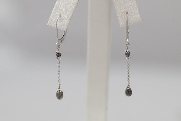 14k White Gold Single Drop Long Black Diamond Earrings