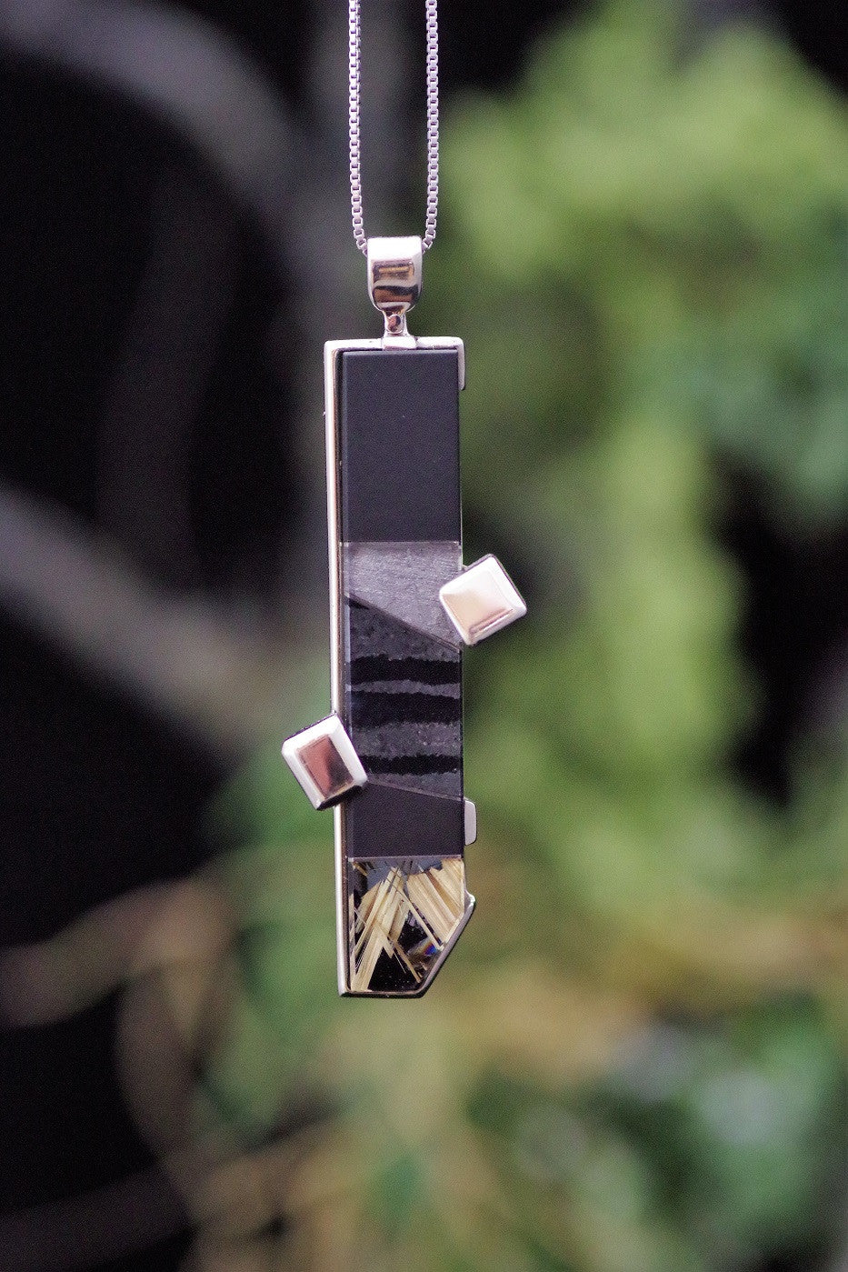 14k White Gold, Black Jade, Hematite, Meteorite, and Rutilated Quartz Pendant