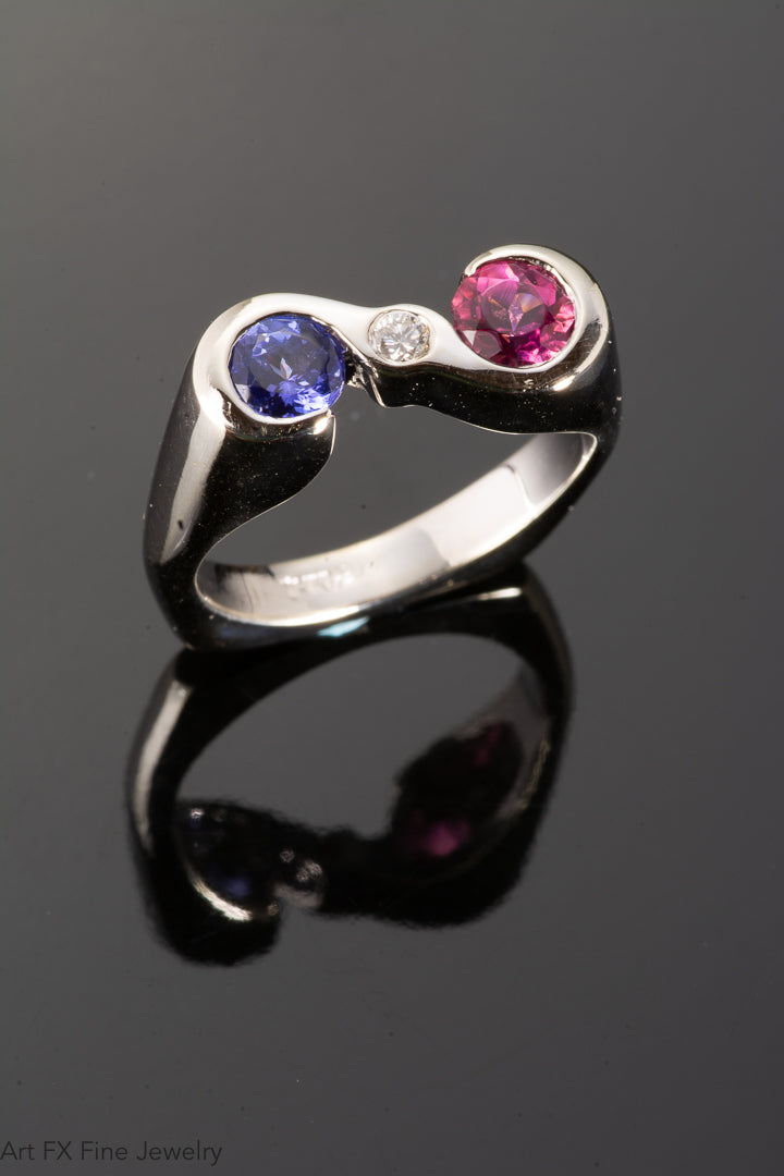 14k White Gold Tanzanite Pink Tourmaline and Diamond Ring