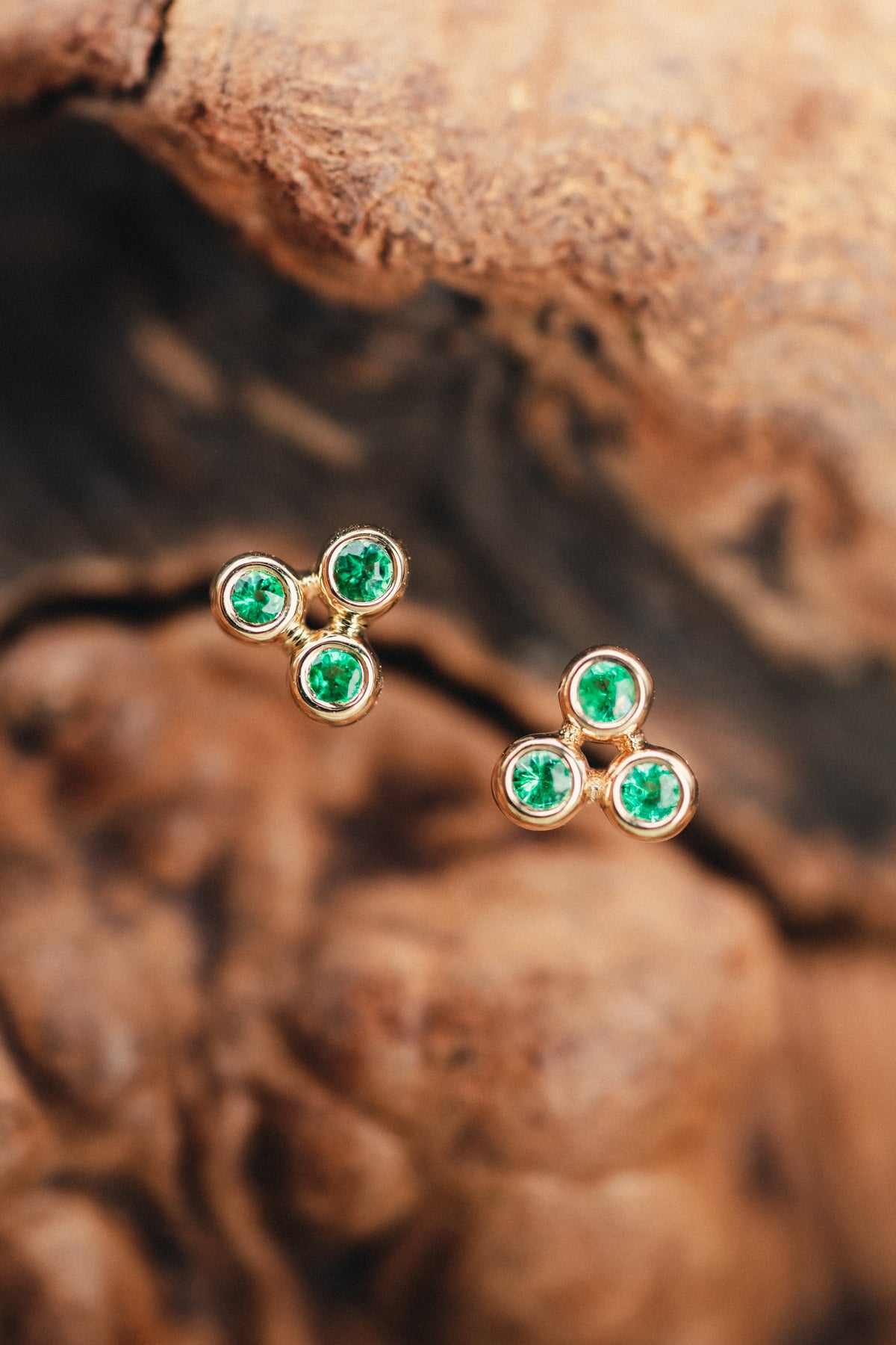 14k Yellow Gold Triple Emerald Earrings