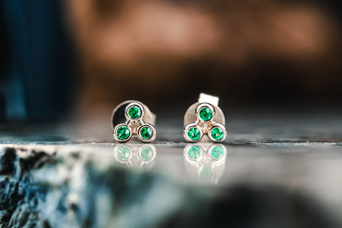 14k Yellow Gold Triple Emerald Earrings