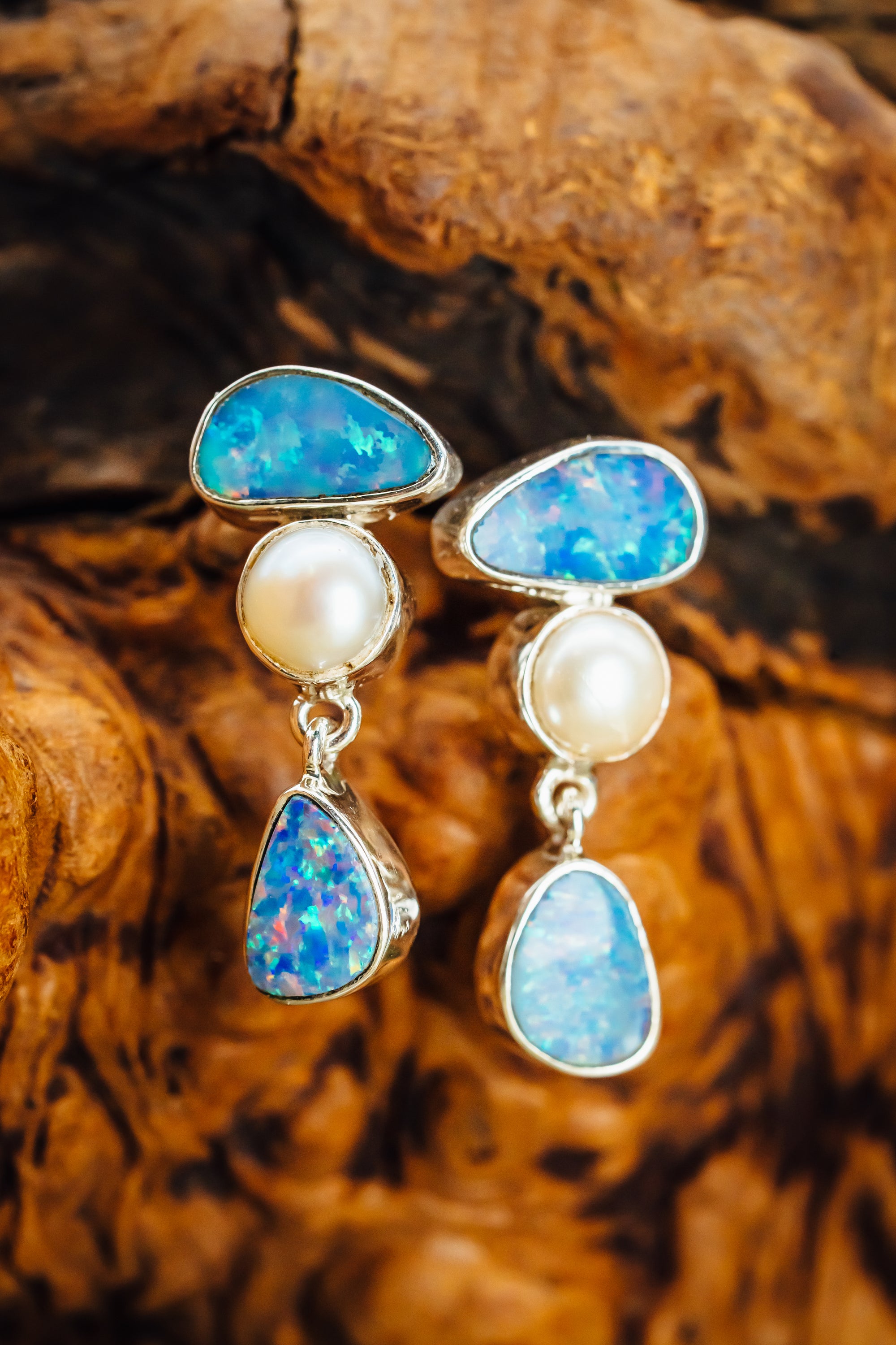 Sterling Silver Opal and Pearl Earrings