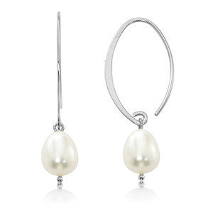 14k White Gold Simple Sweep Pearl Drop Earrings