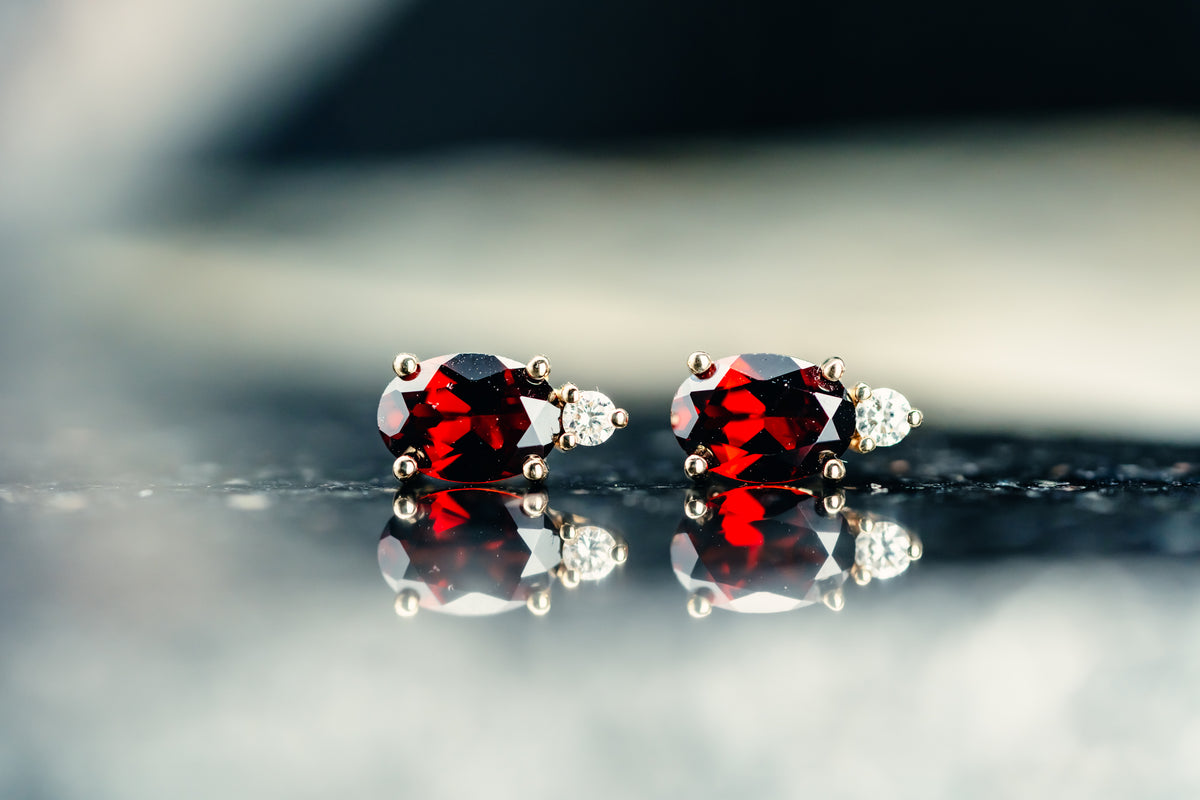 14k Yellow Gold Mozambique Garnet and Diamond Stud Earrings