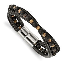 Men's Stainless & Leather Bracelet w/Tigers Eye and Black Agate