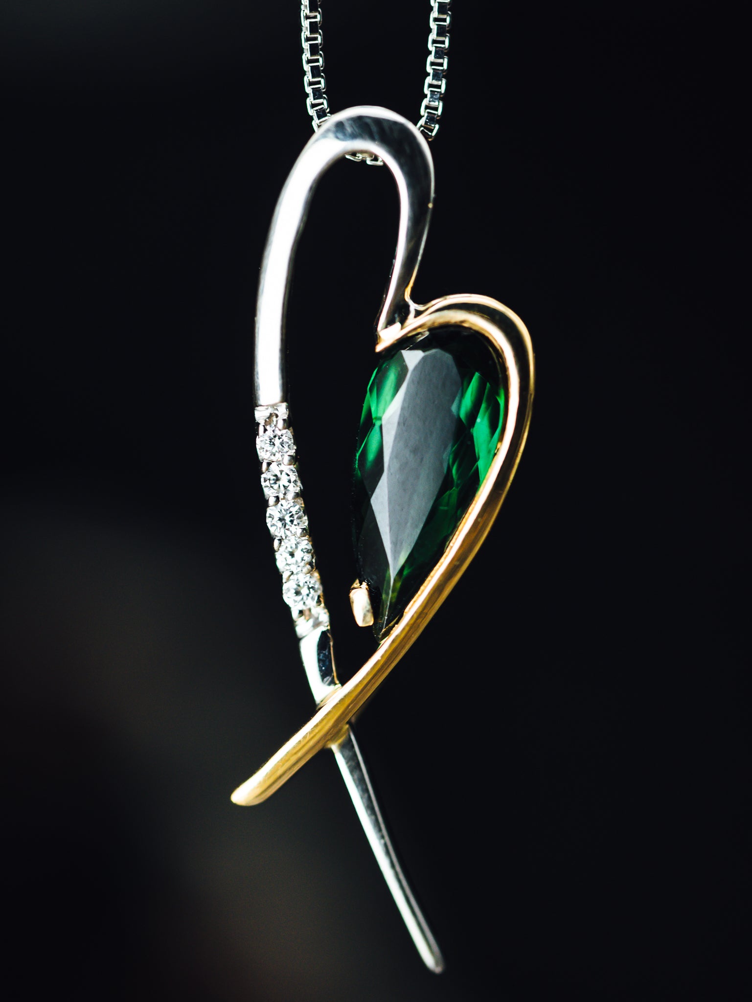 14k White and Yellow Gold Green Tourmaline and Diamond Heart Drop Pendant