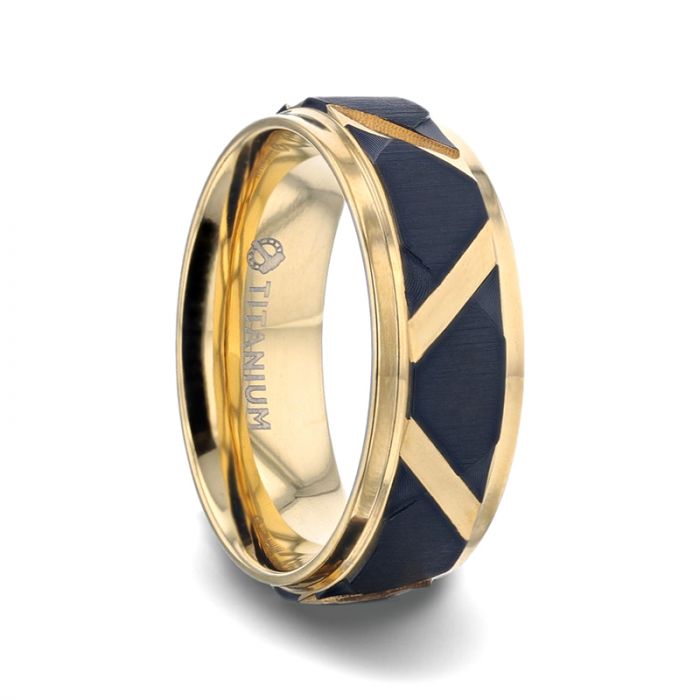 Yellow Gold Plated Flat Polished Step Edged Titanium Men&#39;s Wedding Band With Matte Black Raised Horizontal Etches and Gold-Plated Diagonal-Shape Cut Inlay