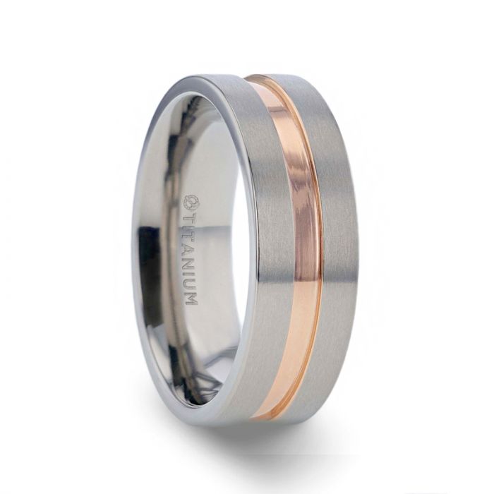 Titanium Flat Brushed Finished Men&#39;s Wedding Ring With Rose Gold Plated Groove Center