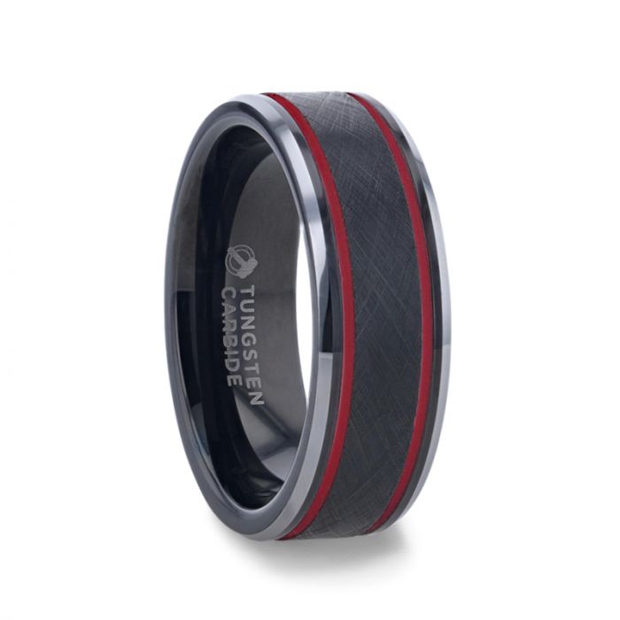Wire Finish Centered Black Tungsten Men's Wedding Band With Double Red Stripe Polished Beveled Edges