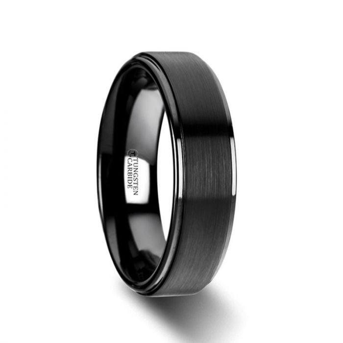 Flat Black Tungsten Ring with Brushed Raised Center & Polished Step Edges