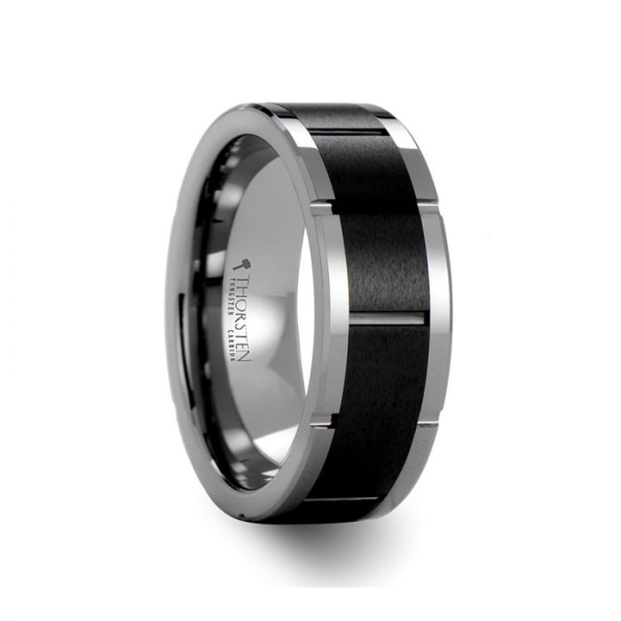 Tungsten Ring With Horizontal Grooved Black Ceramic Center