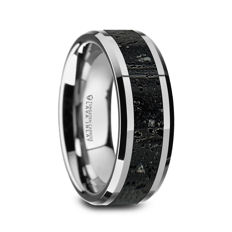 Men’s Polished Tungsten Wedding Band with Black & Gray Lava Rock Stone Inlay & Polished Beveled Edges