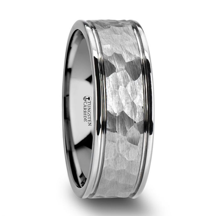 Hammered Finish Center White Tungsten Carbide Wedding Band with Dual Offset Grooves and Polished Edges