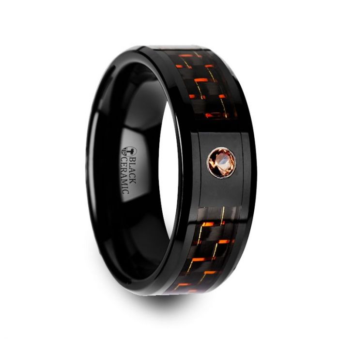 Black Ceramic Ring with Black and Orange Carbon Fiber and Orange Padparadscha