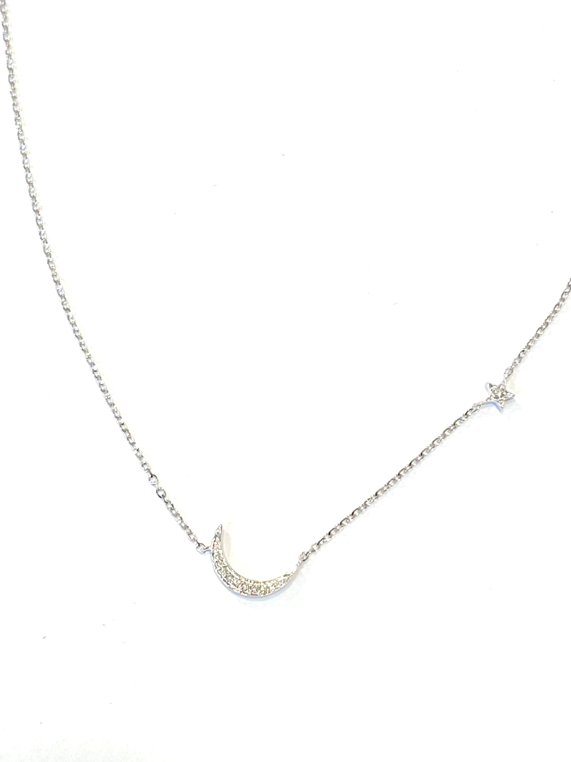 14k White Gold Moon and Star Necklace