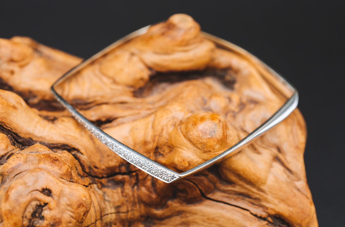 14k White Gold Diamond Square Bangle Bracelet