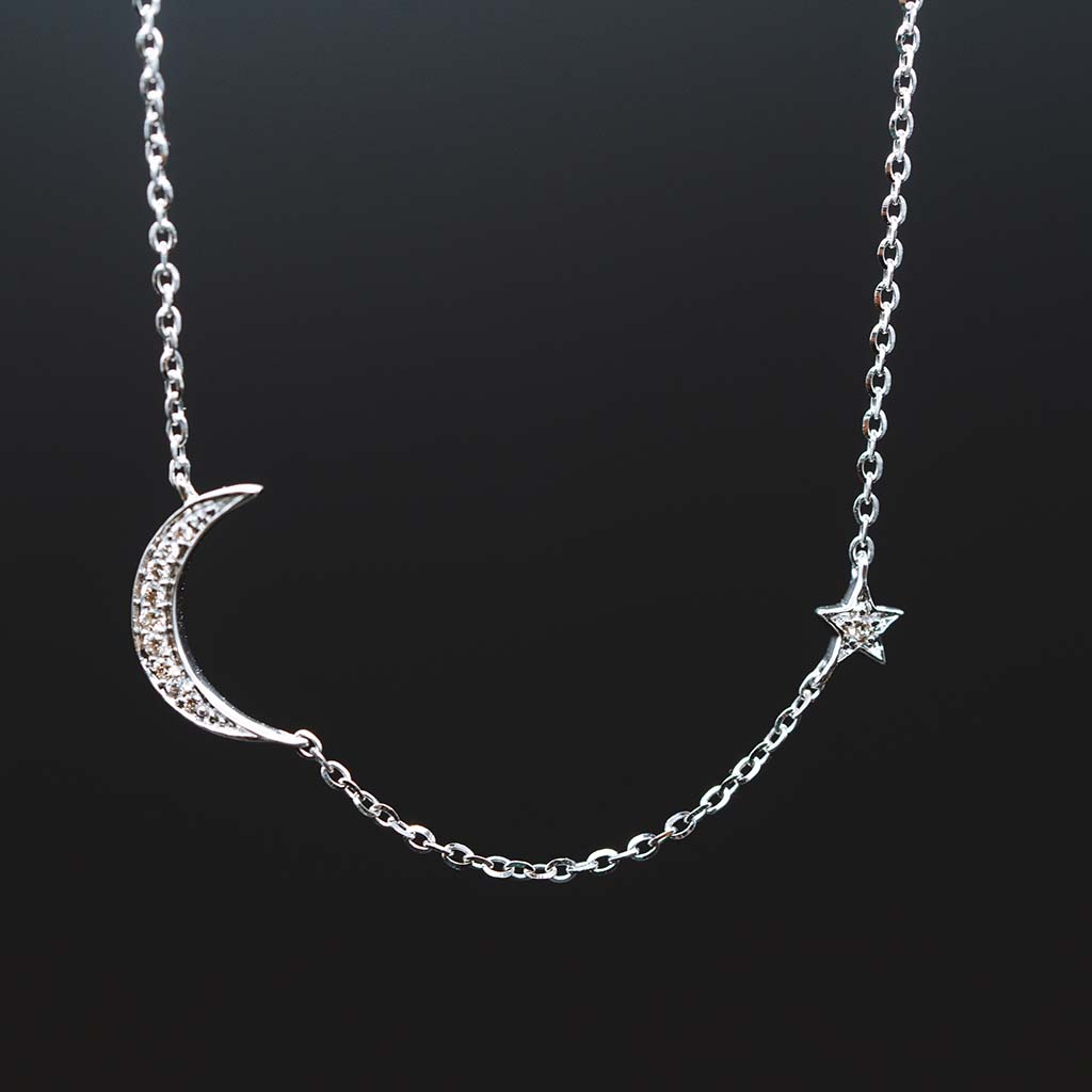 14k White Gold Moon and Stars Diamond Pendant