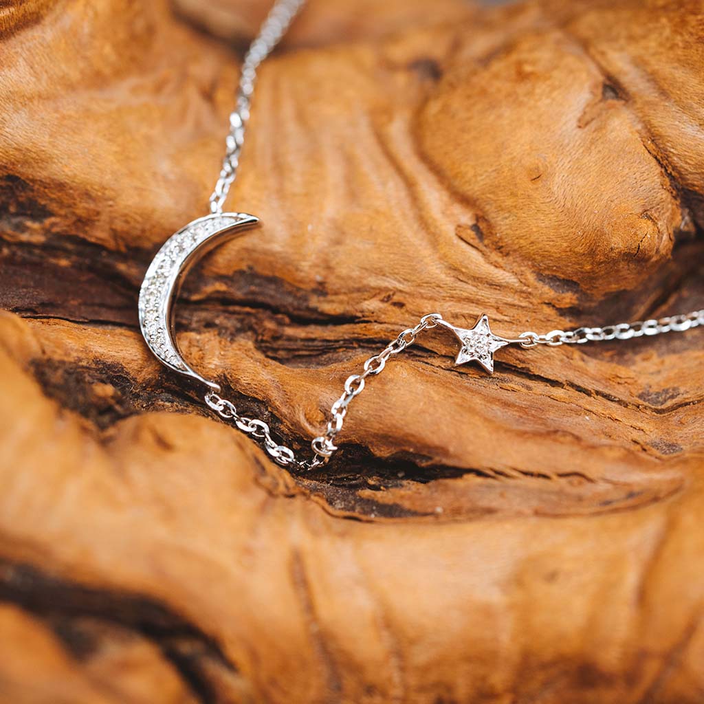 14k White Gold Moon and Stars Diamond Pendant