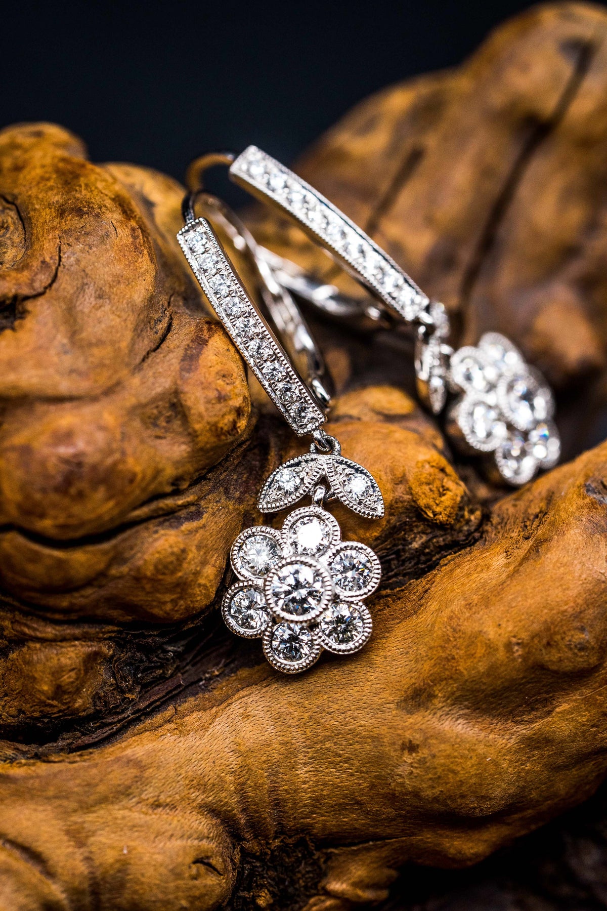 14k White Gold Flower Drop Earrings