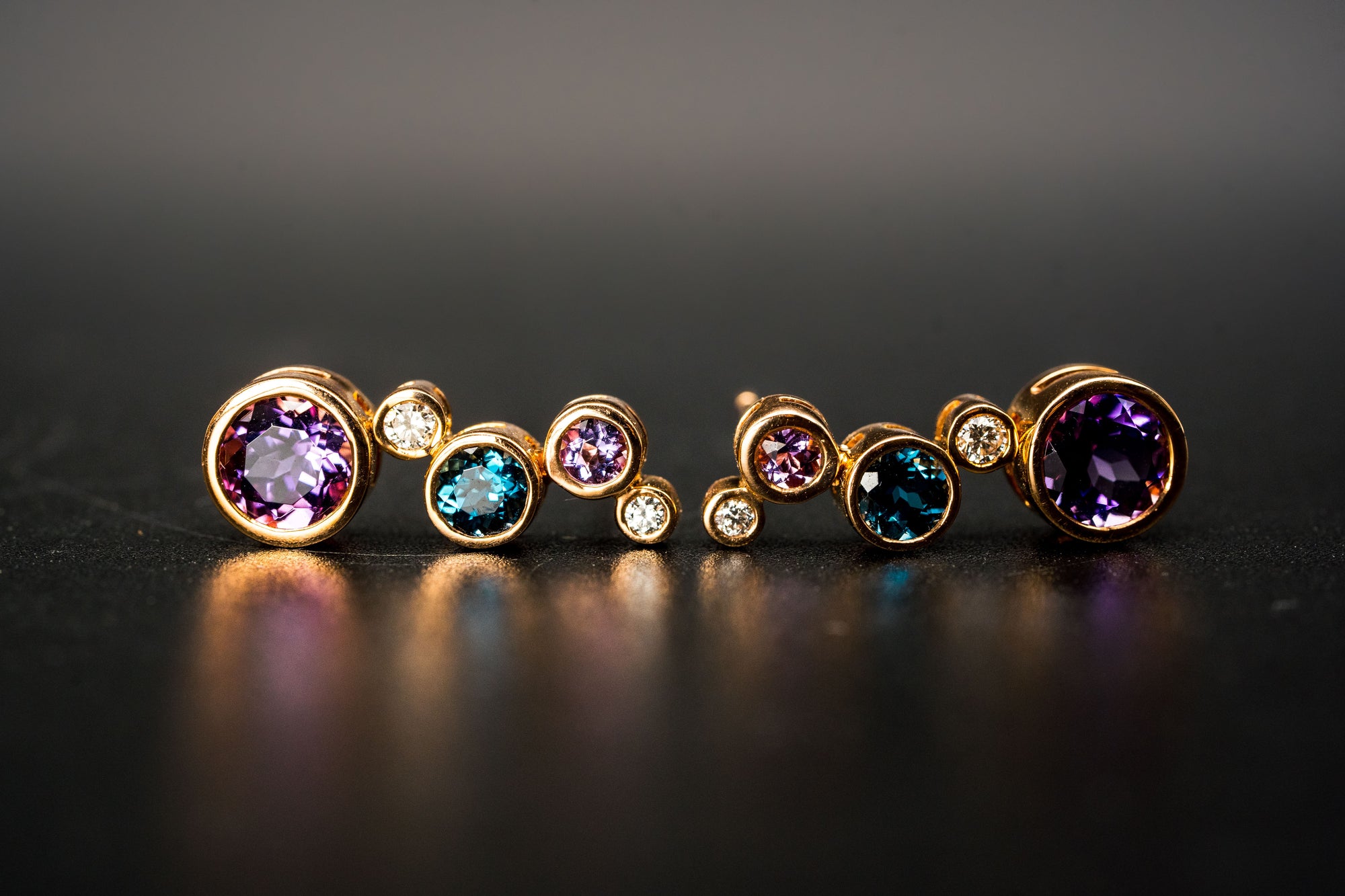 14k Rose Gold Amethyst, Blue Topaz and Diamond Earrings