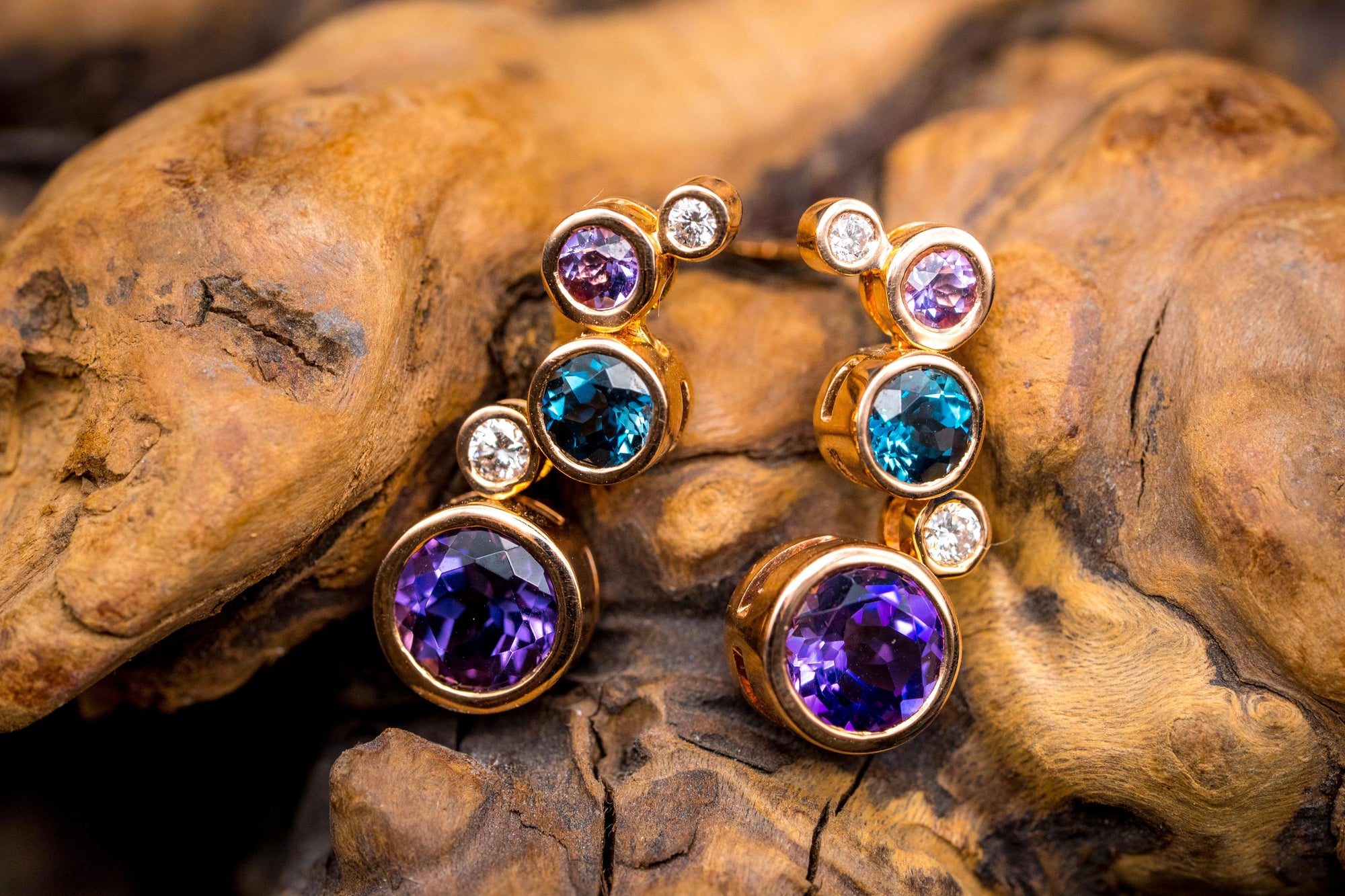 14k Rose Gold Amethyst, Blue Topaz and Diamond Earrings