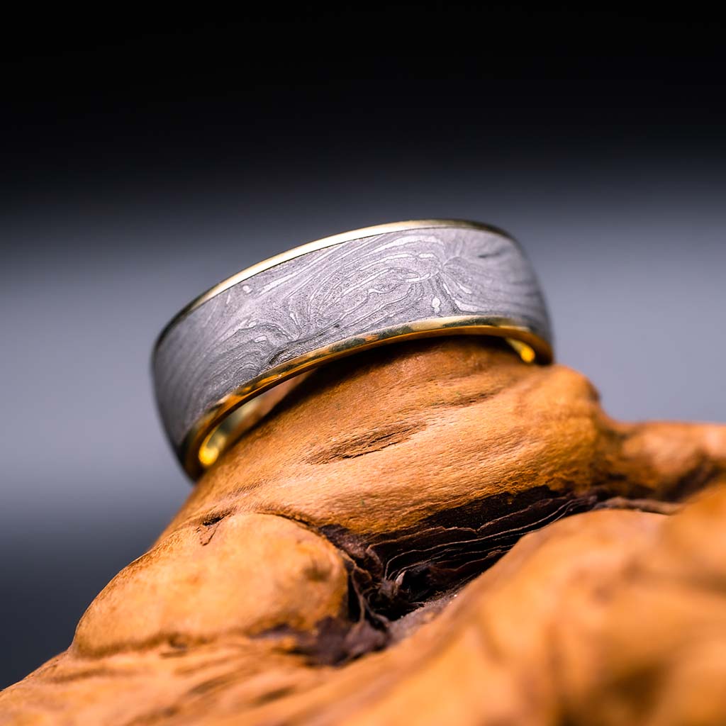 18k Yellow Gold Damascus Steel Ring