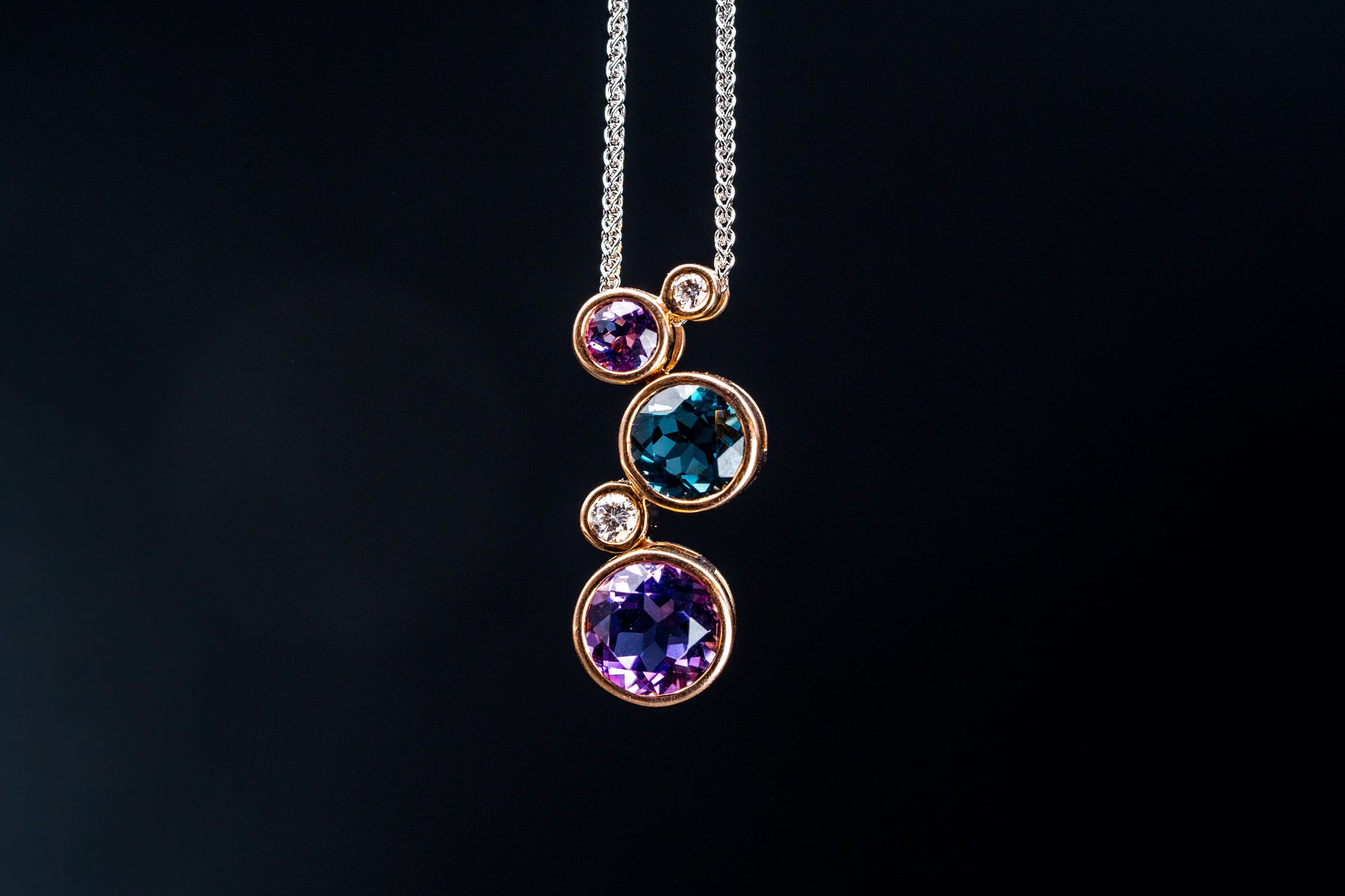 14k Rose Gold Amethyst, Blue Topaz and Diamond Pendant